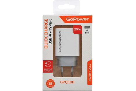 Зарядное устройство GoPower 1USB+1Type-C 20W QC3.0