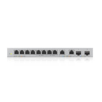 ​8-Port Gigabit Unmanaged Switch with 2-Port 2.5G/2-Port SFP+​ Коммутатор Zyxel XGS1010-12, 8xGE, 2x1/2,5GE, 2xSFP+, настольный, бесшумный