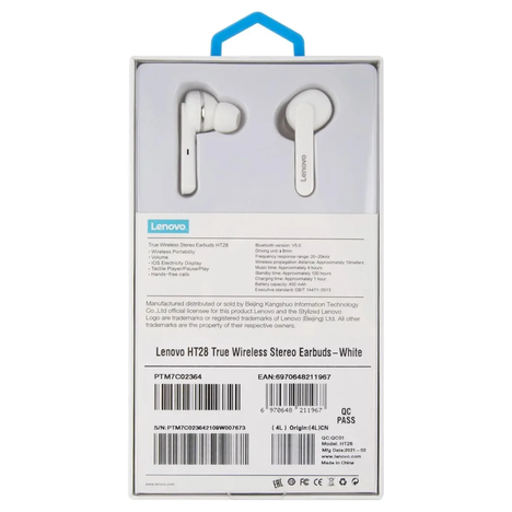 Bluetooth-гарнитура LENOVO Bluetooth In-ear HT28, цвет белый