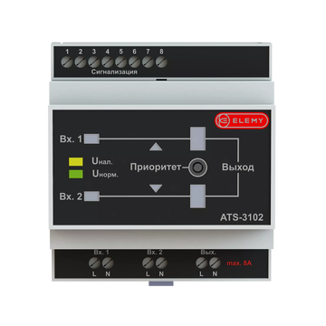 АВР Elemy ATS-3102 4DIN ввод:2xвинтовая клема выход:1xвинтовая клема8A серый