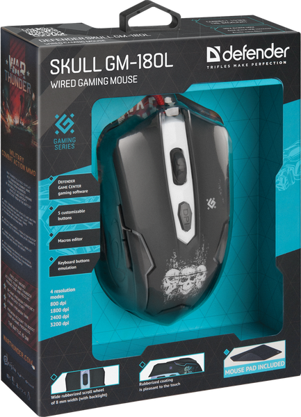 

Defender Проводная игровая мышь Skull GM-180L оптика,6кнопок,800-3200dpi