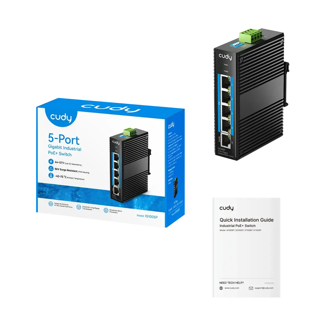 Промышленный коммутатор/ 5-Port Aluminum Industrial PoE+ Switch, 1000Mbps 5-Port RJ45, 802.3at/af, Din-rail design, Power supply:DC 9.6~57V work temperature:-40 °C-75°C, Power Adapter Not Included
