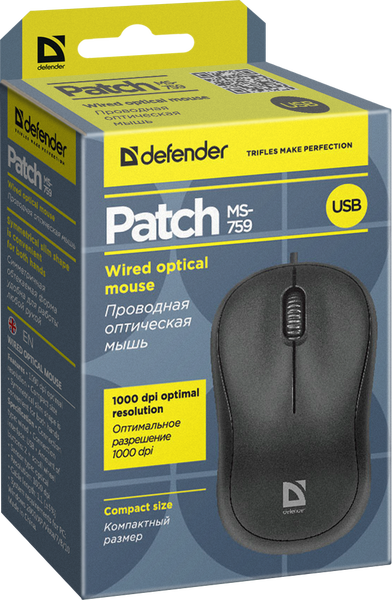 

Defender Проводная оптическая мышь Patch MS-759 черный,3 кнопки,1000 dpi