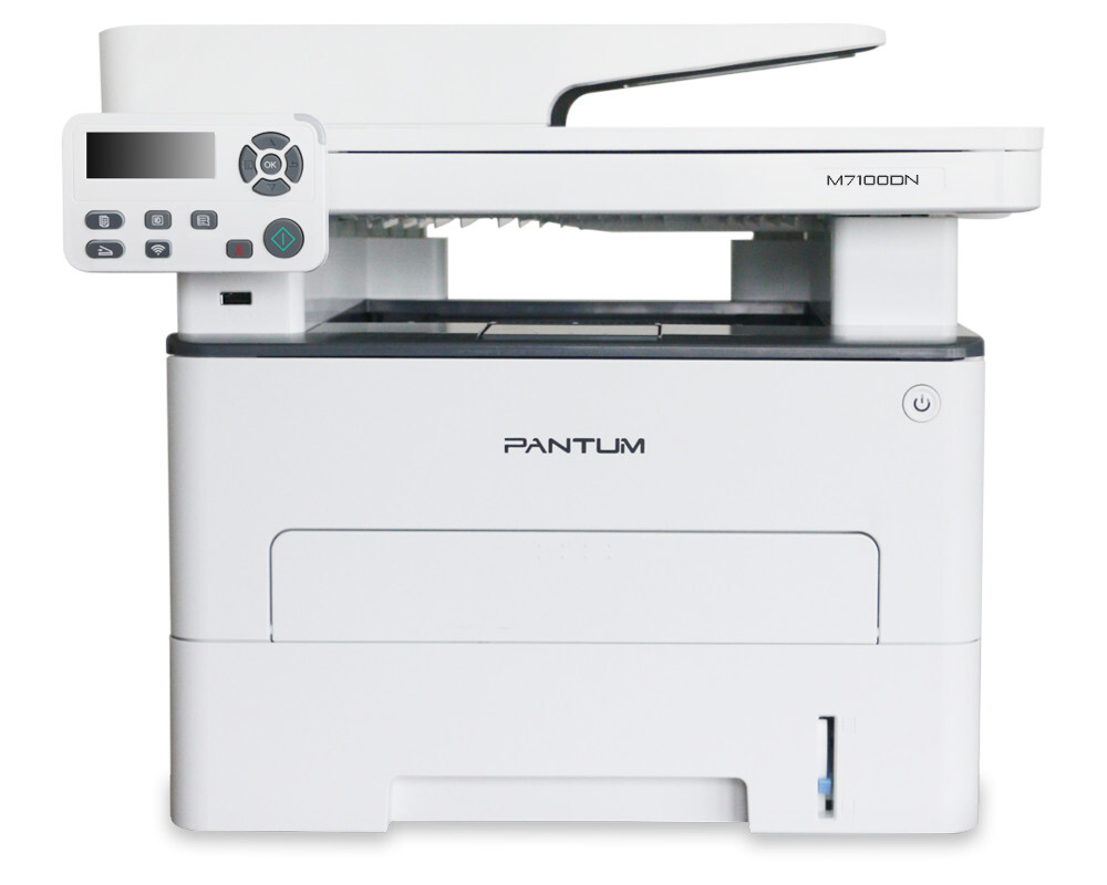 Pantum M7100DN, P/C/S, Mono laser, A4, 33 ppm (max 60000 p/mon), 525 MHz, 1200x1200 dpi, 256 MB RAM, PCL/PS, Duplex, ADF50, paper tray 250 pages, USB, LAN, start. cartridge 6000 pages