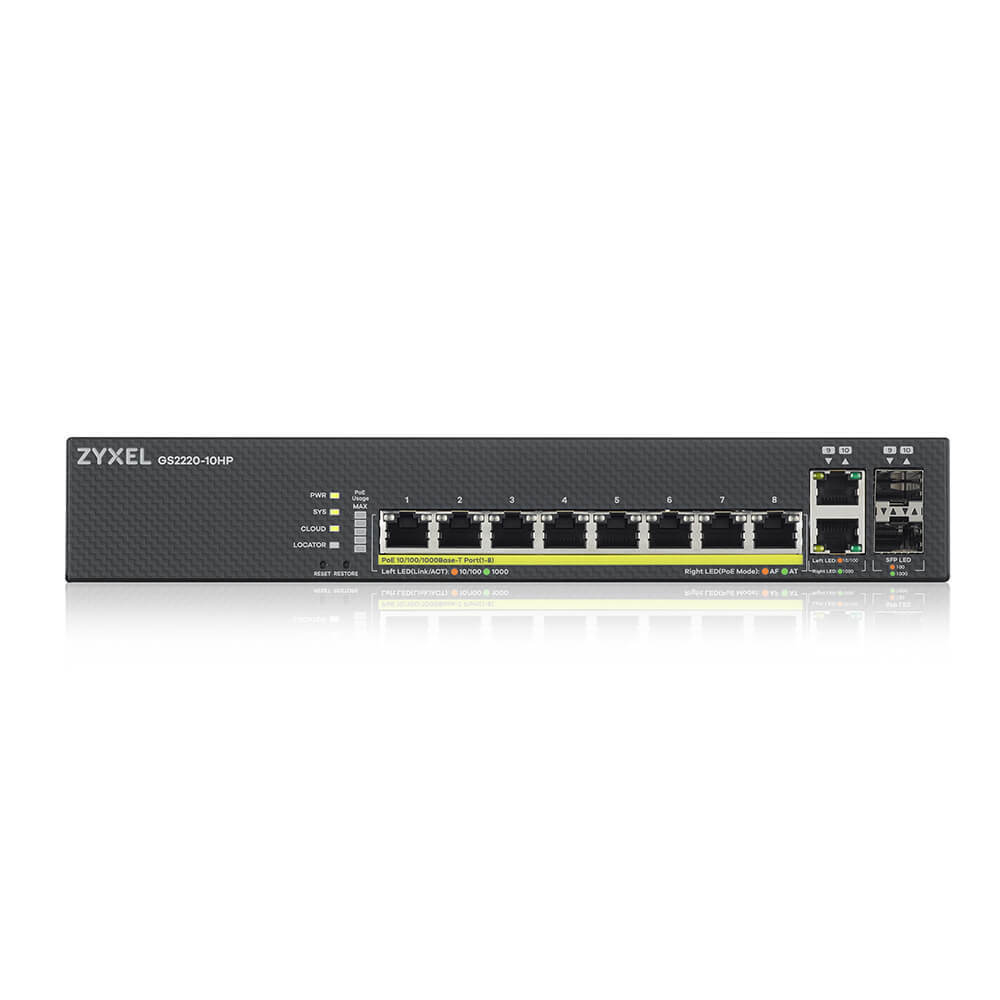 ZYXEL NebulaFlex Pro GS2220-10HP Hybrid L2 PoE+ Switch, 19 "rack, 8xGE PoE+, 2xCombo (SFP / RJ-45), 180W PoE Budget, Standalone / Cloud Management