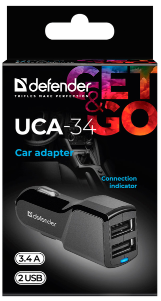 

Defender Автомобильный адаптер UCA-34 2xUSB, 5V/3.4А