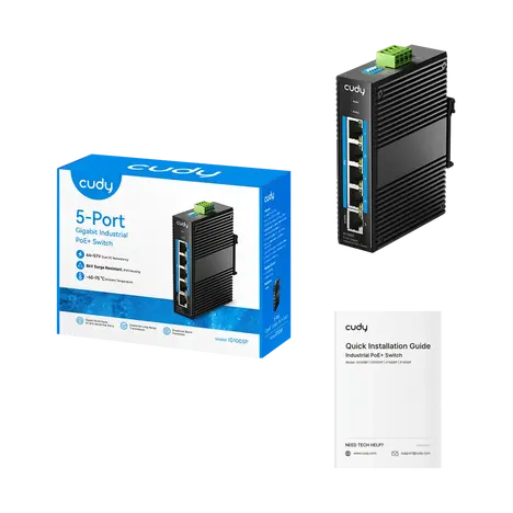 Промышленный коммутатор/ 5-Port Aluminum Industrial PoE+ Switch, 1000Mbps 5-Port RJ45, 802.3at/af, Din-rail design, Power supply:DC 9.6~57V work temperature:-40 °C-75°C, Power Adapter Not Included