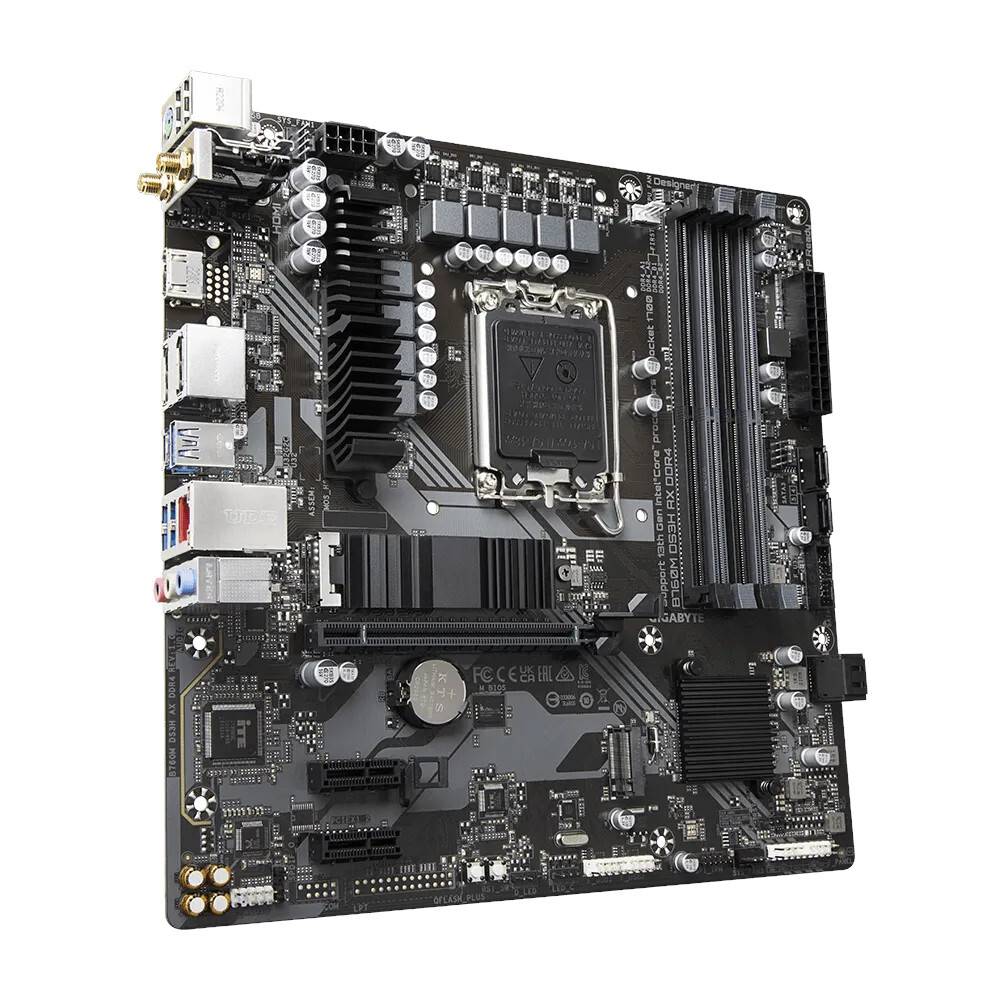 Материнская плата/ MB GIGABYTE INTEL B760 s1700, 4xDDR4(128GB), HDMI 2.0/2xDP, 1xPCIe 4.0x16, 2xPCIe 3.0, 1xLAN (2.5GbE), Wi-Fi, BT, 4xSATA 6Gb/s, 2xM.2, 1xUSB-C, 3xUSB 3.2, 2xUSB 2.0, mATX