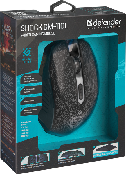 

Defender Проводная игровая мышь Shock GM-110L оптика,6кнопок,800-3200dpi