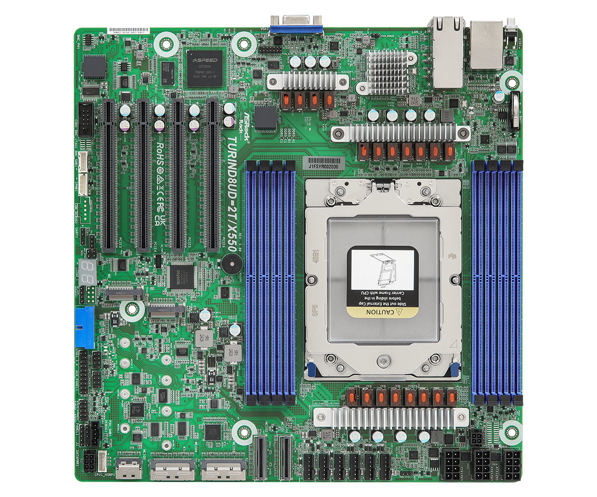 Материнская плата/ ASRock TURIND8UD-2T/X550, Deep Micro-ATX, 1x SP5 (LGA 6096) AMD EPYC™ 9005/9004, 8x DDR5 RDIMM, RDIMM-3DS, 4x PCIe5.0 / CXL2.0 x16, 2x MCIO (PCIe5.0 x8 or 8 SATA 6Gb/s), 2x MCIO (PCIe5.0 x8), 1x MCIO (PCIe5.0 x4), 2x M.2 (PCIe5.0 x4), up to 16 SATA 6Gb/s, 2x RJ45 (10GbE) Intel X550-AT2, AST2600
