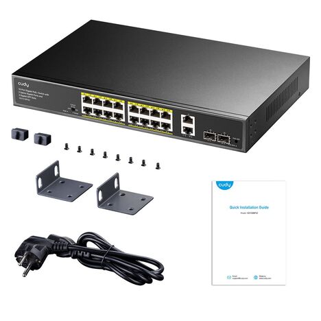 Коммутатор CUDY 16-Port Gigabit PoE+ Switch with 2 Uplink Gigabit Ports and 2 Gigabit SFP Slots 200W 16-10/100/1000 BASE-T Gigabit ports, 2-Port 10/100/1000 BASE-T Gigabit Uplink ports, 2-1000 BASE-X SFP Slot, 16-port IEEE 802.3at PoE+ Injector, 200 watts total Power budget, Supports PoE power up to 30W for each PoE port, Extend Mode (Transmit distance up