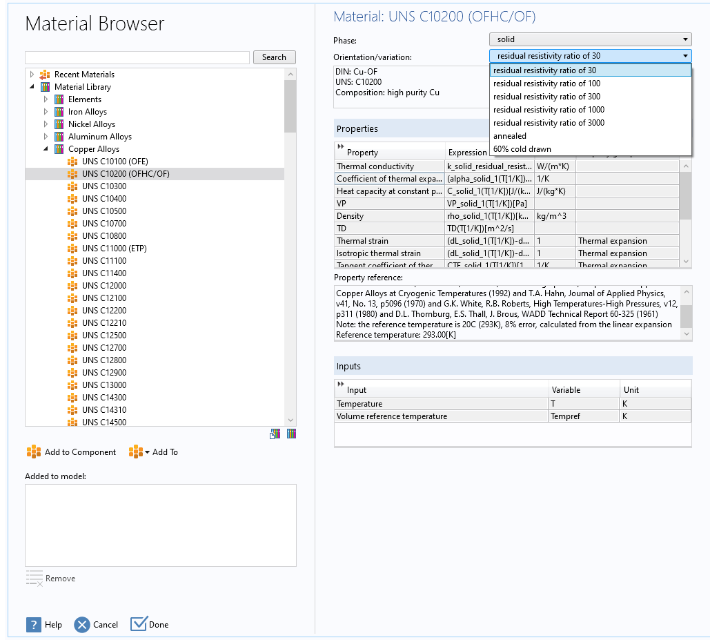 Модуль «Библиотека свойств материалов» для программы COMSOL Multiphysics®