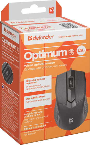 

Defender Проводная оптическая мышь Optimum MB-270 черный,3 кнопки,1000 dpi