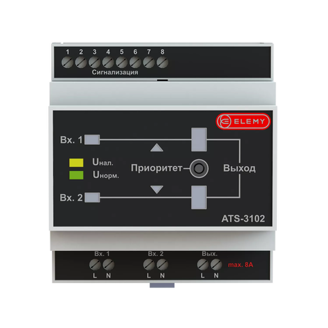 АВР Elemy ATS-3102 4DIN ввод:2xвинтовая клема выход:1xвинтовая клема8A серый
