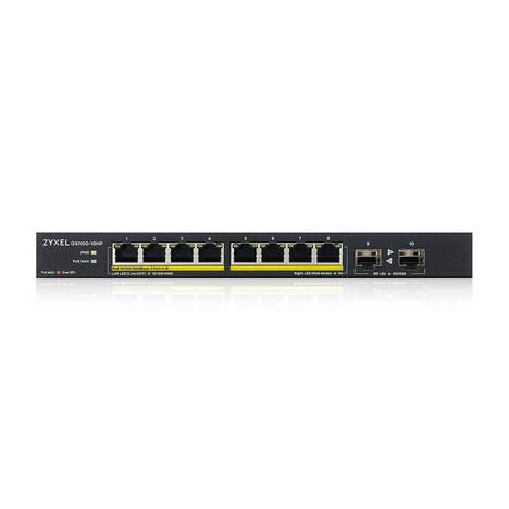 Коммутатор PoE+ Zyxel GS1100-10HP, 8xGE PoE+, 2xSFP, настольный, бесшумный, бюджет PoE 130 Вт, Kensigton lock