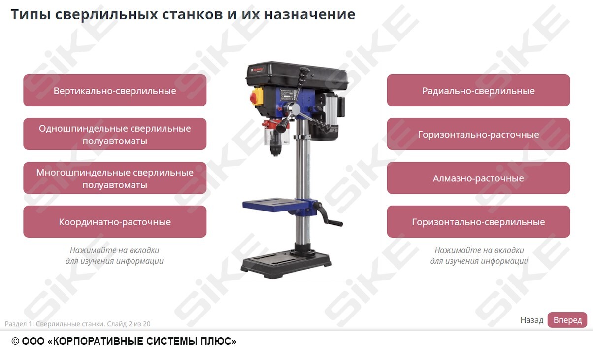 ООО «Корпоративные системы Плюс» Электронный курс Станочник широкого профиля: Профессиональный модуль, Сверление, рассверливание, зенкерование отверстий в простых деталях (лицензия), Локальная