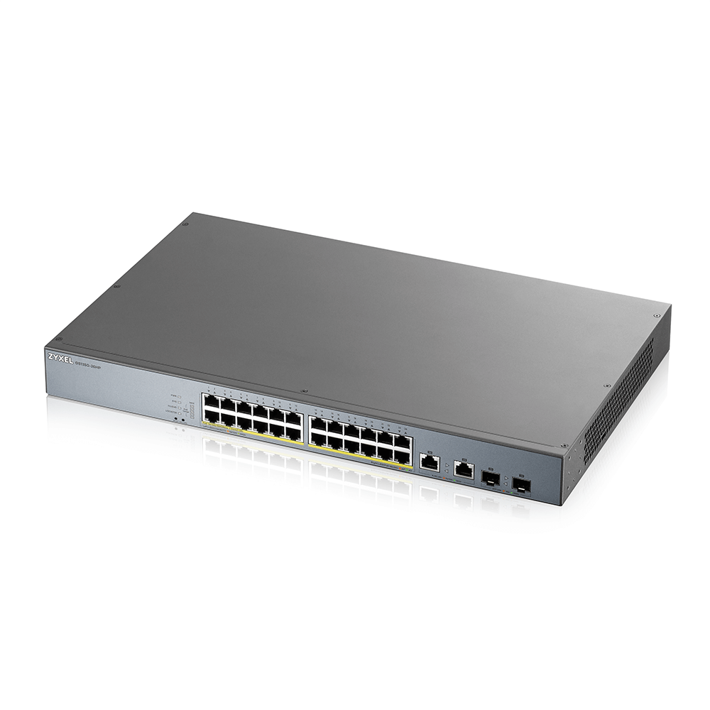 GS1350-26HP L2 коммутатор PoE+ для IP-видеокамер Zyxel GS1350-26HP, rack 19", 24xGE PoE+, 2xCombo (SFP/RJ-45), бюджет PoE 375 Вт, дальность передачи п