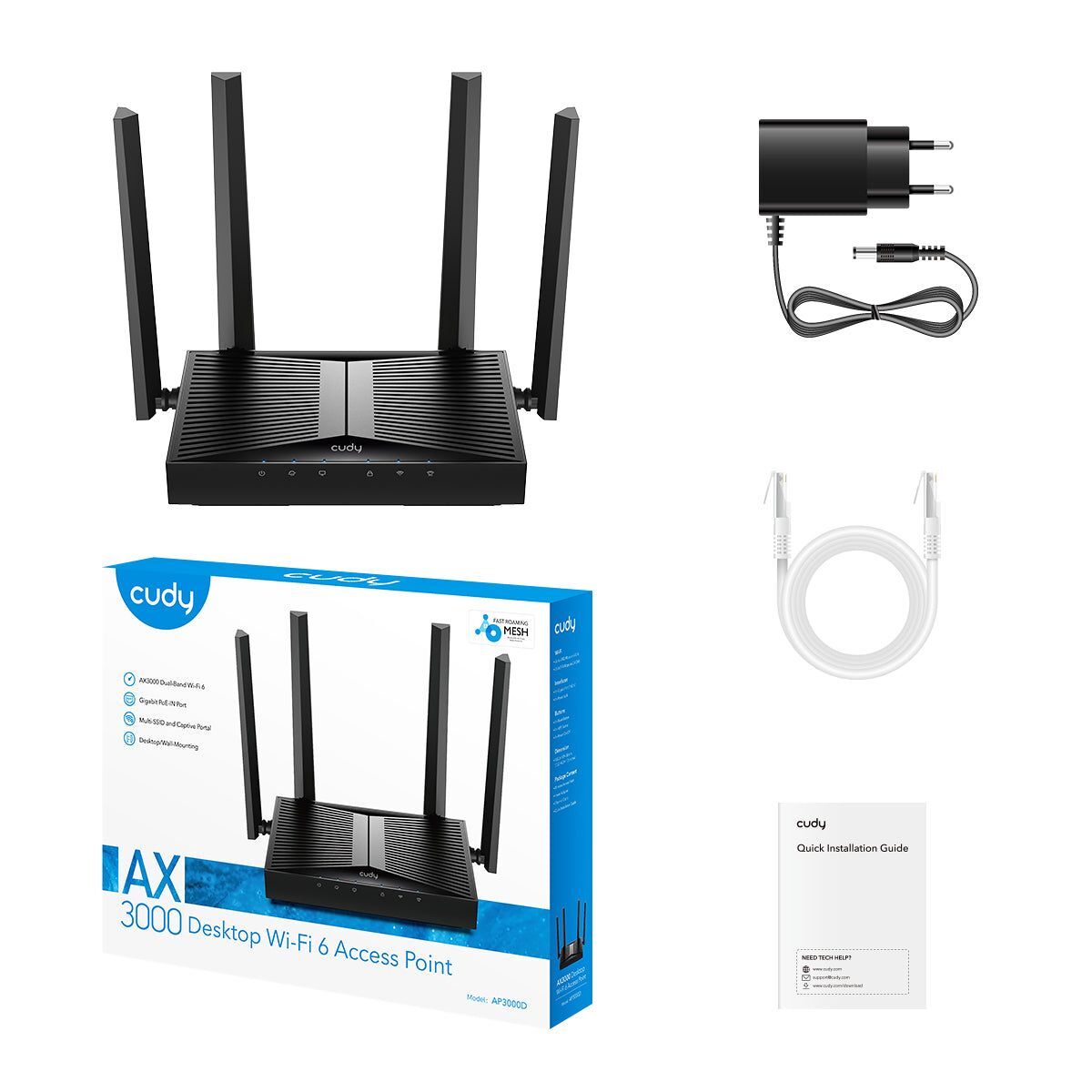 Точка доступа Wi-Fi CUDY AX3000 Wi-Fi 6 Desktop Access Point AX3000 Dual Band Desktop Wi-Fi 6 Access Point, Chipset MT7981, 802.11ax/ac/a/b/g/n, 2402Mbps at 5GHz + 574Mbps at 2.4GHz, 1 x Gigabit RJ45 Port, MU-MIMO, Support 12V DC or  802.3at PoE or Passive PoE, 4 5dBi Antennas, 12V DC adapter included, Cudy Mesh Sup