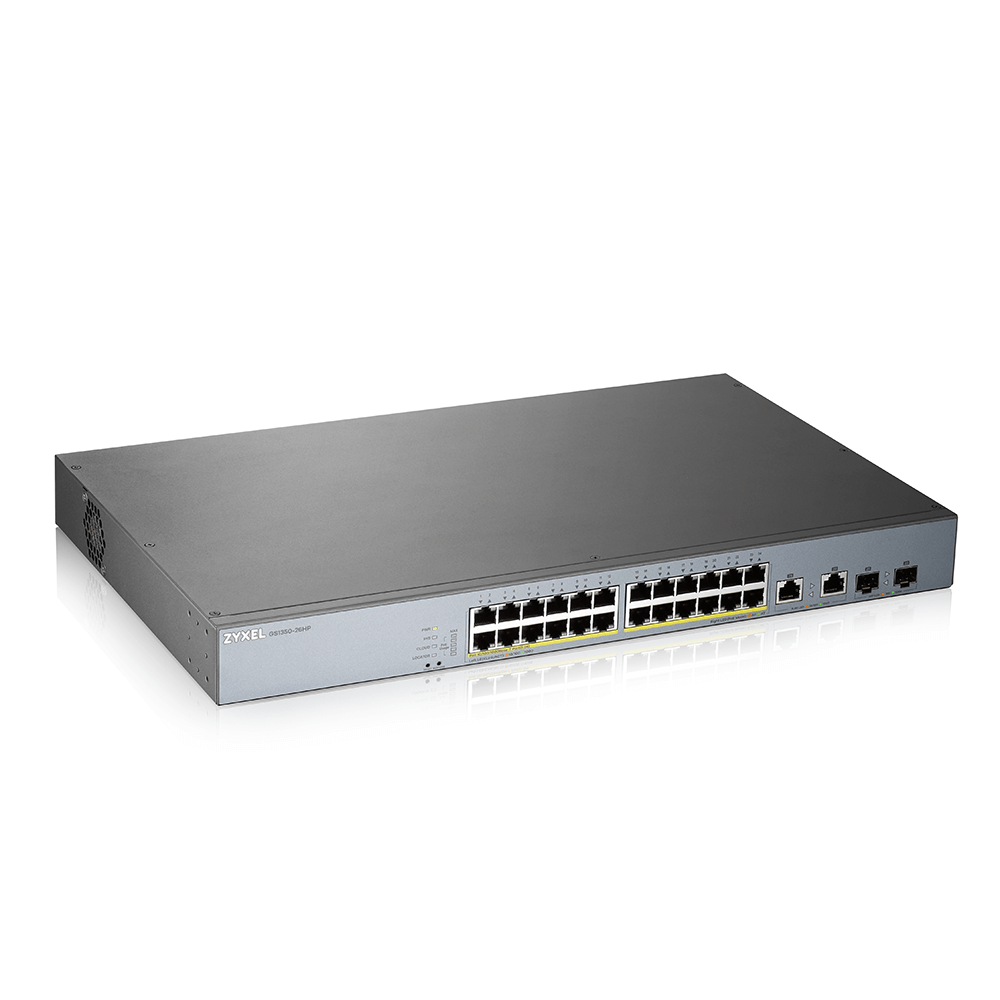 GS1350-26HP L2 коммутатор PoE+ для IP-видеокамер Zyxel GS1350-26HP, rack 19", 24xGE PoE+, 2xCombo (SFP/RJ-45), бюджет PoE 375 Вт, дальность передачи п