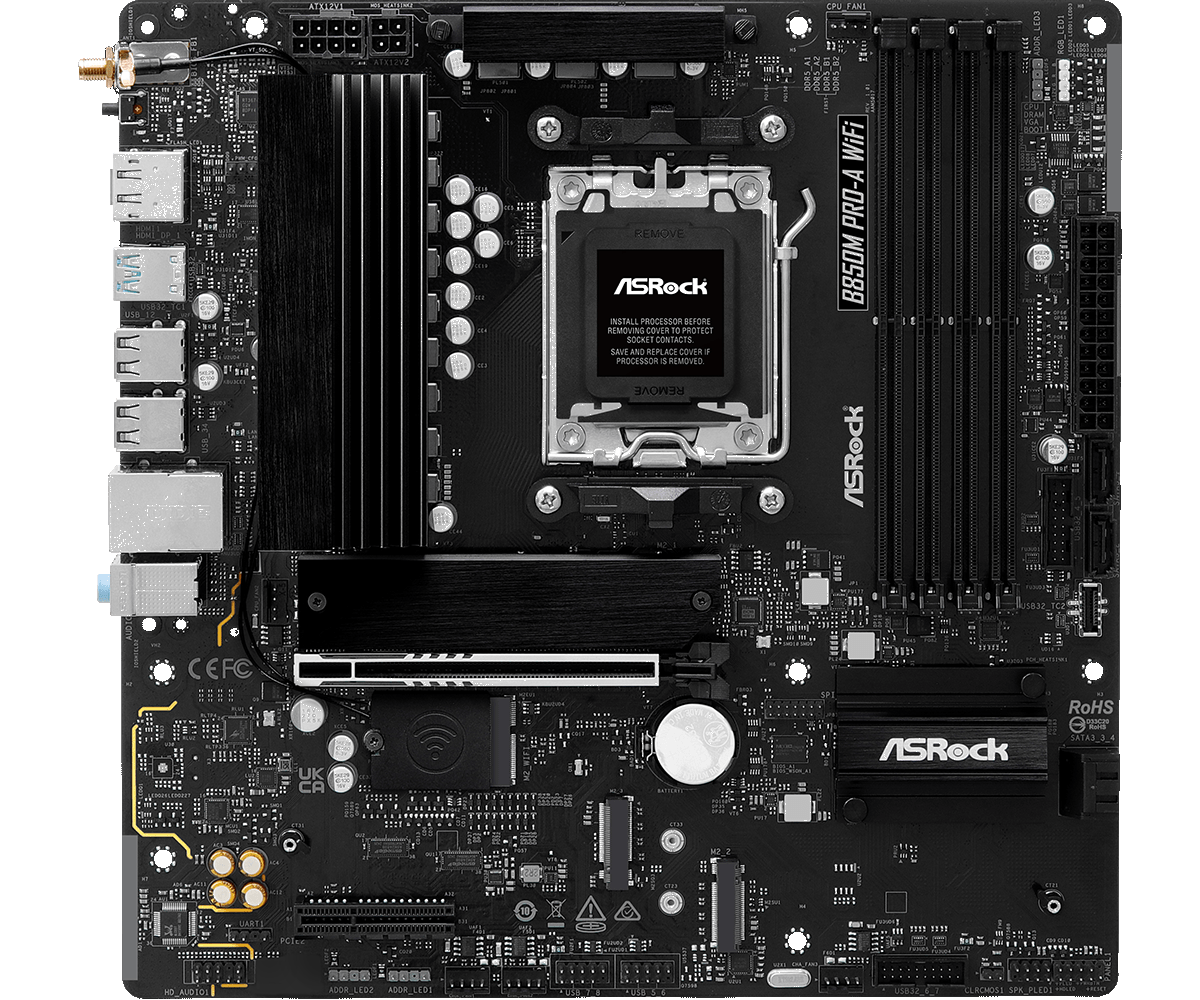 Материнская плата Asrock B850M PRO-A WIFI Socket AM5 AMD B850 4xDDR5 mATX AC`97 8ch(7.1) 2.5Gg RAID+HDMI+DP