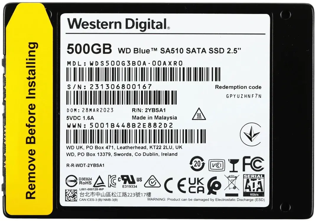 Внутренний твердотельный накопитель Western Digital Blue SA510 500GB