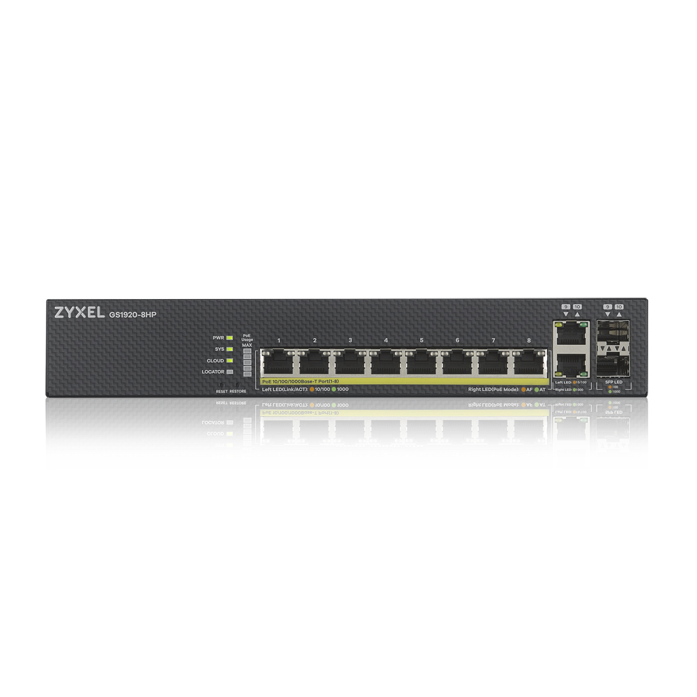 Zyxel Nebula Flex GS1920-8HPv2, 8xGE PoE+, 2xCombo (SFP/RJ-45), бесшумный (без вентилятора), бюджет PoE 130 Вт, автономное/облачное управление