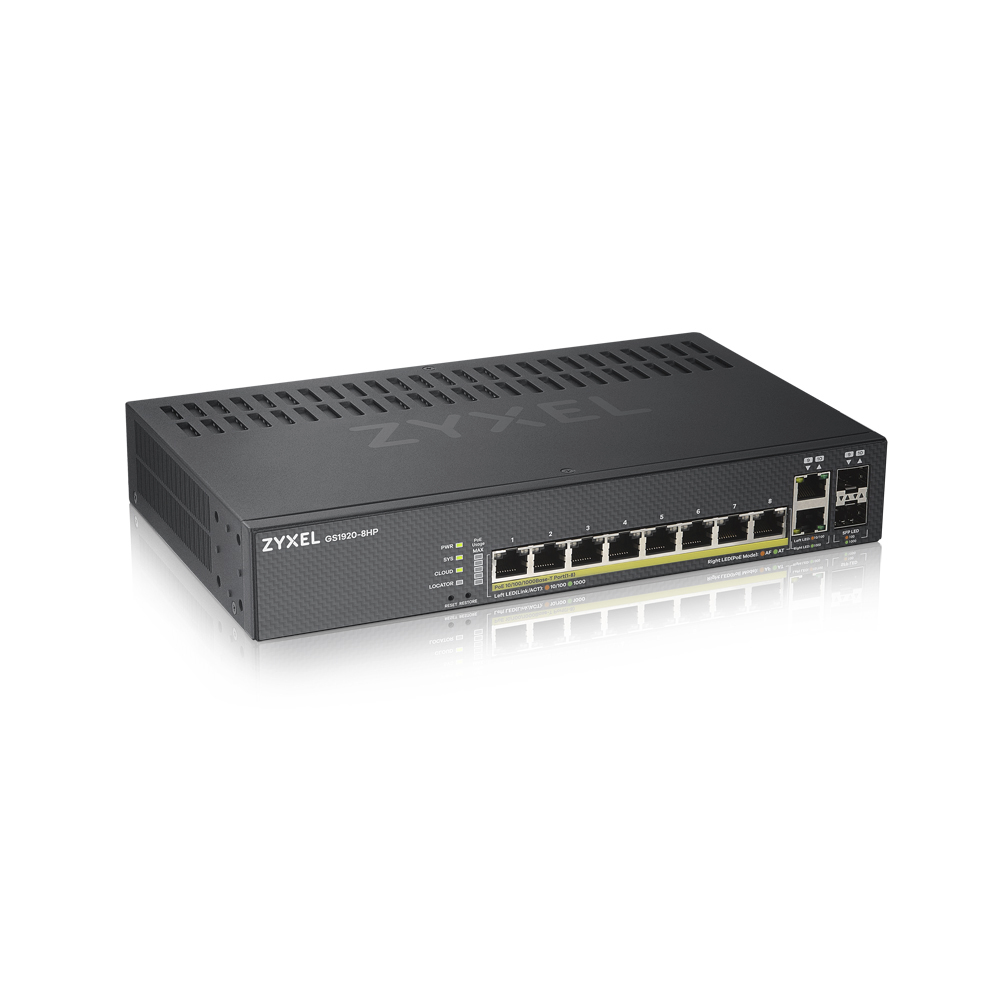 Zyxel Nebula Flex GS1920-8HPv2, 8xGE PoE+, 2xCombo (SFP/RJ-45), бесшумный (без вентилятора), бюджет PoE 130 Вт, автономное/облачное управление