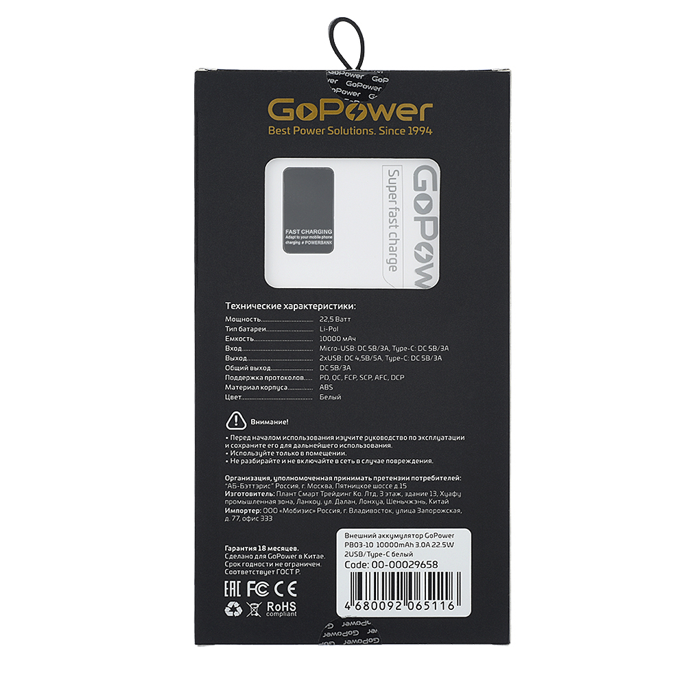 Внешний аккумулятор GoPower 10000mAh PB03-10