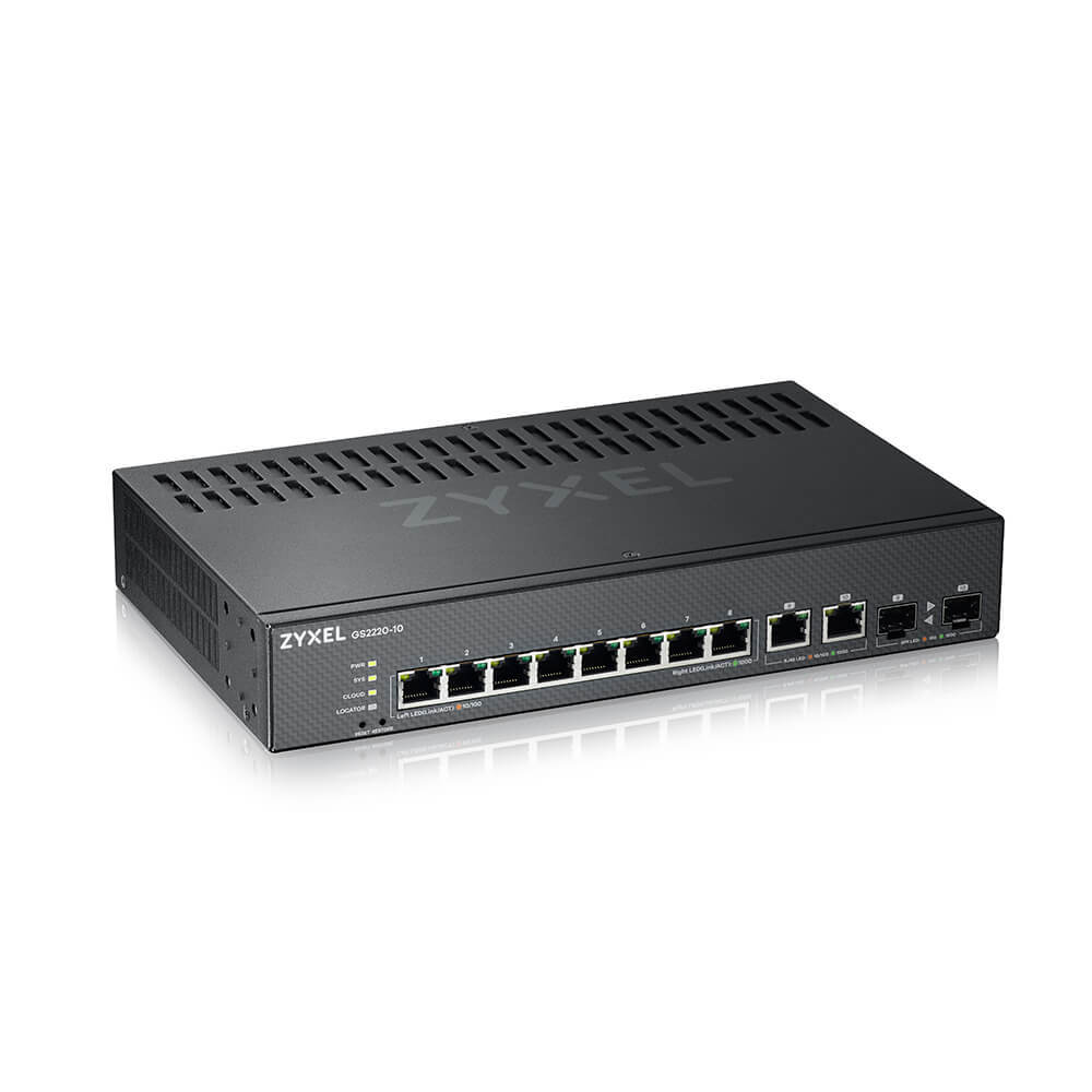 ZYXEL NebulaFlex Pro GS2220-10 Hybrid L2 Switch, rack 19 ", 8xGE, 2xCombo (SFP / RJ-45), silent, standalone / cloud management