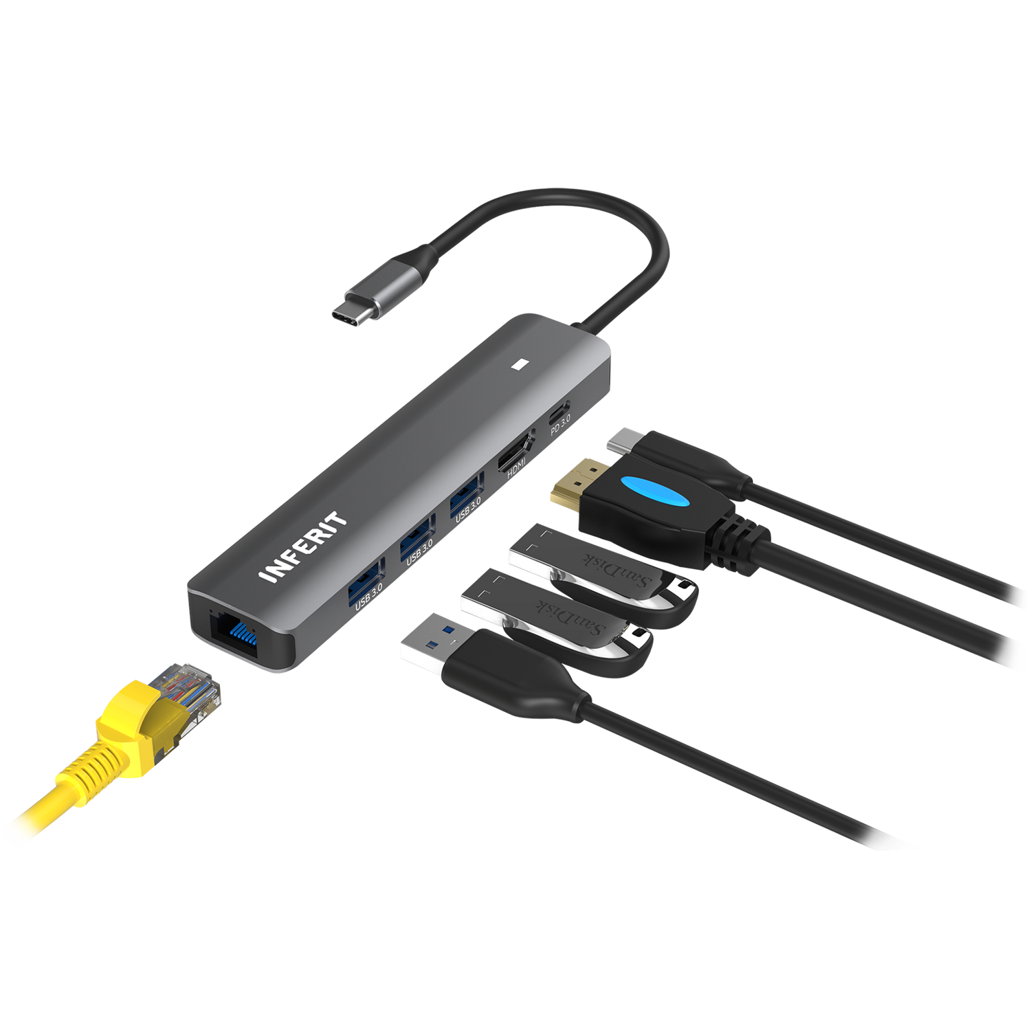 Сетевой адаптер Inferit USB 3.0 To 10/100/1000 Gigabit Rj45 adapter with HUB, Metall Shell