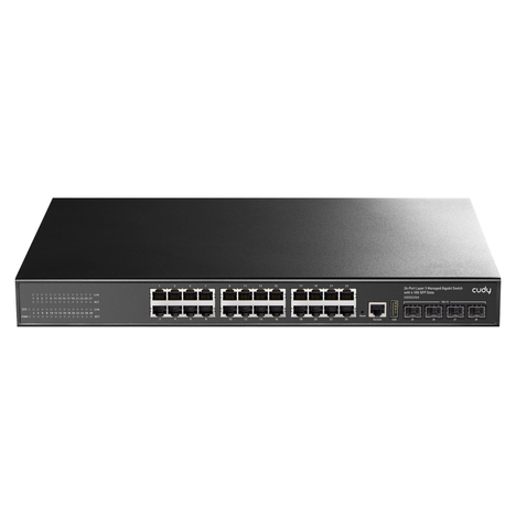 Коммутатор CUDY  GS5024S4  24-Port Layer 3 Managed Gigabit Switch with 4 10G SFP Slots 24-Port Layer 3 Managed Gigabit Switch,24 Gigabit Ethernet ports + 4 10 Gigabit uplink SFP optical ports + 1 USB serial port + 1 Console port, backplane bandwidth 128Gbps, Layer 3 network management function, support routing, DHCP, VLAN, MAC address, ACL a