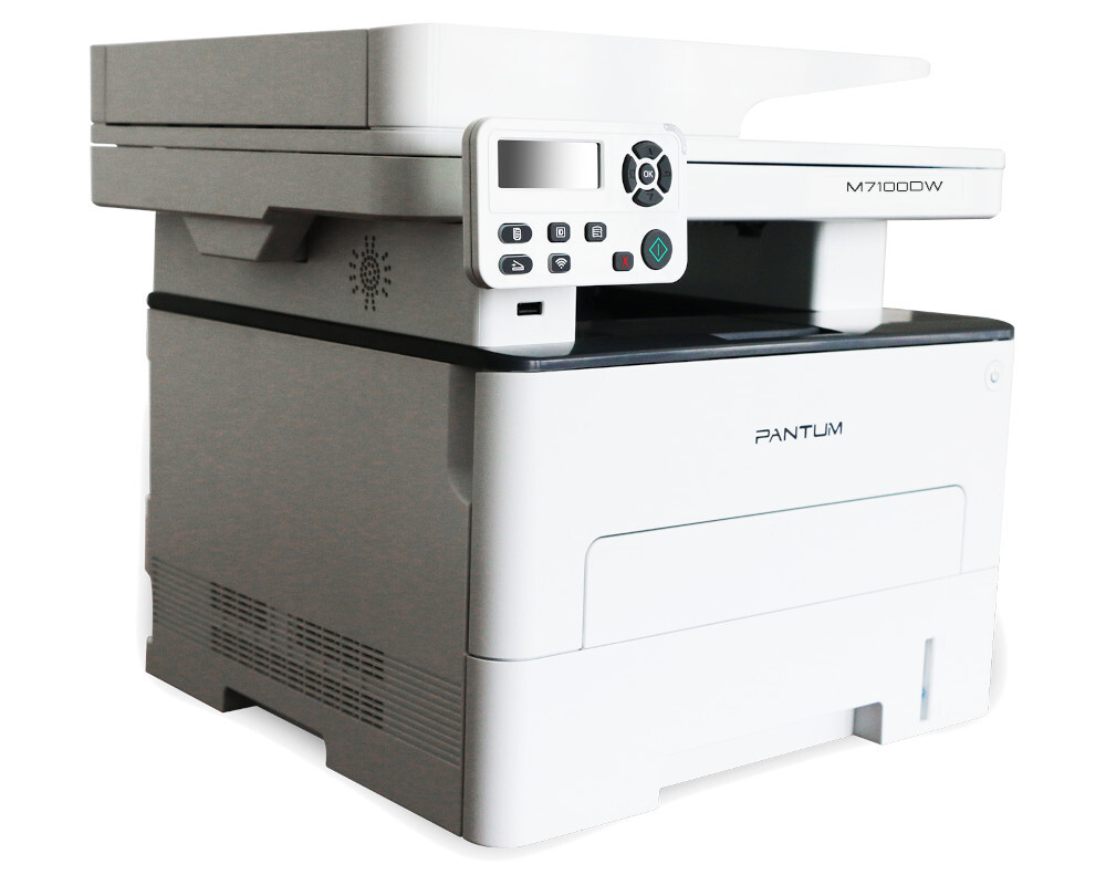 Pantum M7100DW, P/C/S, Mono laser, А4, 33 ppm (max 60000 p/mon), 525 MHz, 1200x1200 dpi, 256 MB RAM, PCL/PS, Duplex, ADF50, paper tray 250 pages, USB, LAN, WiFi, start. cartridge 1500 pages