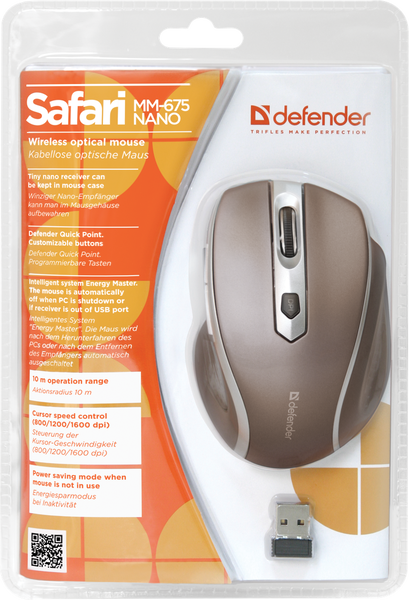 

Defender Беспроводная оптическая мышь Safari MM-675 коричневый,6кнопок,800-1600dpi USB