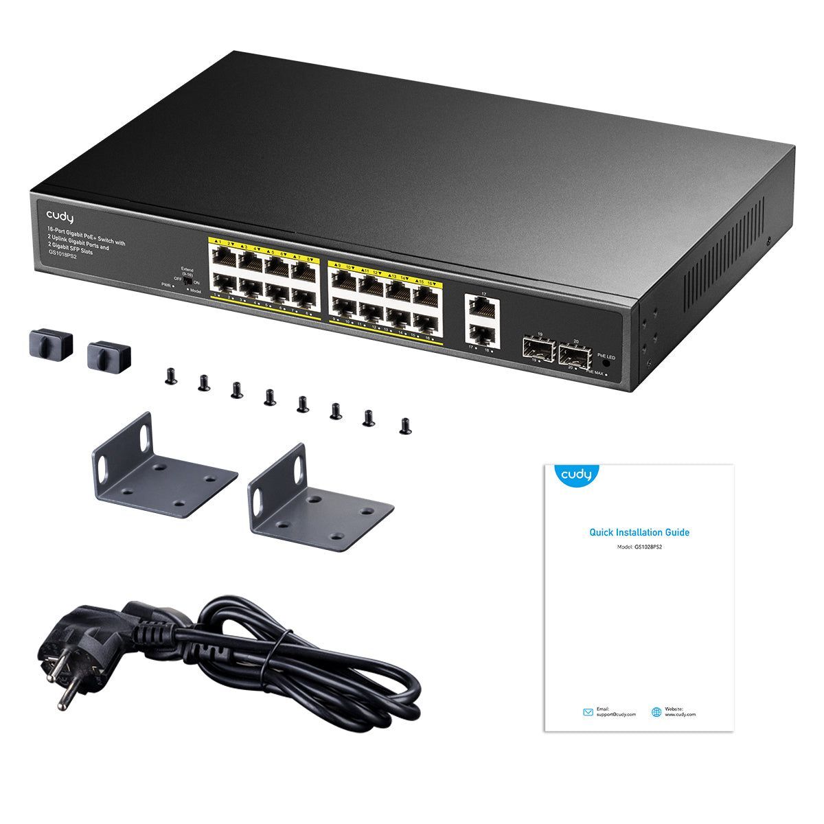 Коммутатор CUDY 16-Port Gigabit PoE+ Switch with 2 Uplink Gigabit Ports and 2 Gigabit SFP Slots 200W 16-10/100/1000 BASE-T Gigabit ports, 2-Port 10/100/1000 BASE-T Gigabit Uplink ports, 2-1000 BASE-X SFP Slot, 16-port IEEE 802.3at PoE+ Injector, 200 watts total Power budget, Supports PoE power up to 30W for each PoE port, Extend Mode (Transmit distance up