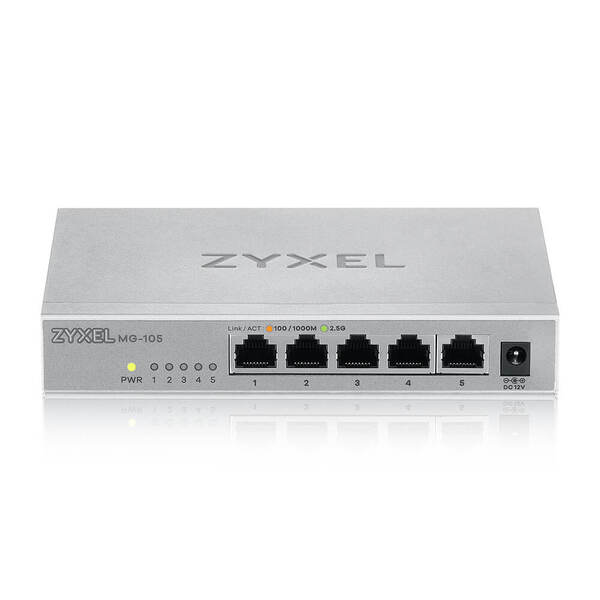 

Мультигигабитный коммутатор Zyxel MG-105, 5x1/2,5GE, настольный, бесшумный