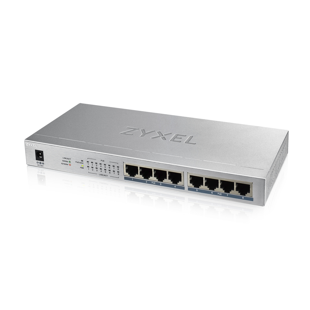 Zyxel GS1008HP, 8xGE PoE+, настольный, металлический, бесшумный, бюджет PoE 60 Вт