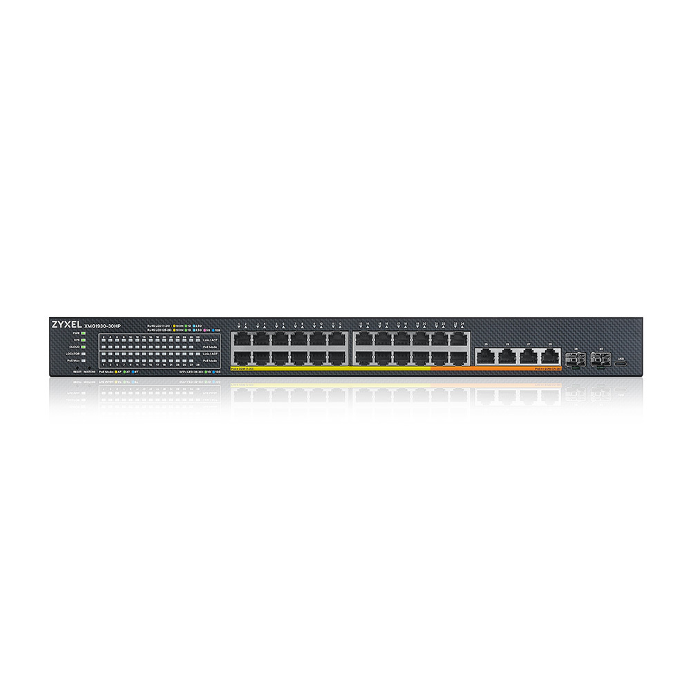 Коммутатор/ Hybrid Smart L2+ Switch Zyxel NebulaFlex XMG1930-30HP, rack 19", 24xRJ-45: 1/2.5G PoE+ (4 of them PoE++), 4xRJ-45: 1/2.5/5/10G PoE++, 2xSFP+, 700W PoE budget, offline/cloud management