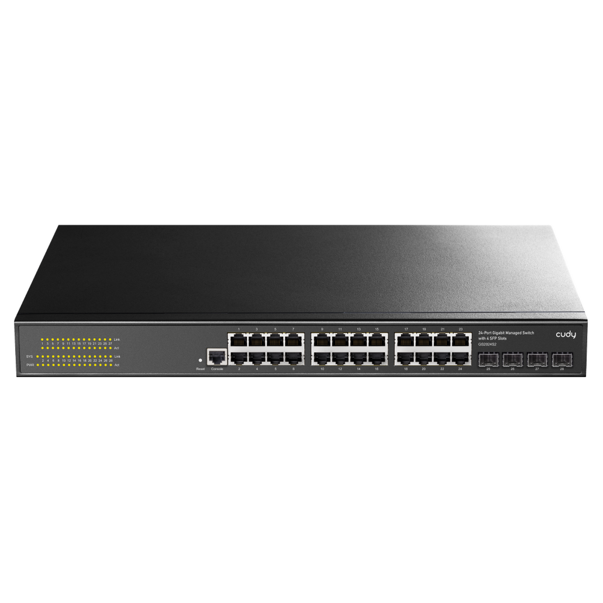 Коммутатор CUDY  GS2024S2  24-Port Layer 2 Managed Gigabit Switch with 4 Gigabit SFP Slots 24-Port Layer 2 Managed 10/100/1000M Switch, 24 Gigabit Ethernet ports + 4 Gigabit SFP ports + 1 management port, backplane bandwidth 56Gbps, Layer 2 network management function, support routing, DHCP, VLAN, MAC address, ACL access control, QOS, multicast,