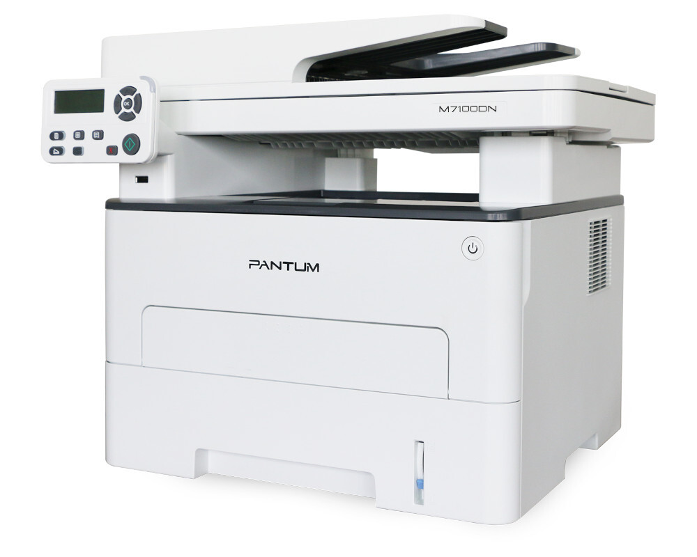 Pantum M7100DN, P/C/S, Mono laser, A4, 33 ppm (max 60000 p/mon), 525 MHz, 1200x1200 dpi, 256 MB RAM, PCL/PS, Duplex, ADF50, paper tray 250 pages, USB, LAN, start. cartridge 6000 pages