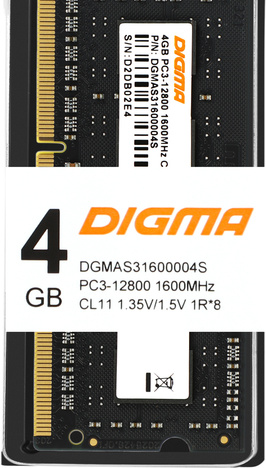 Оперативная память DIGMA DDR3L  4Gb, DGMAS31600004S, RTL