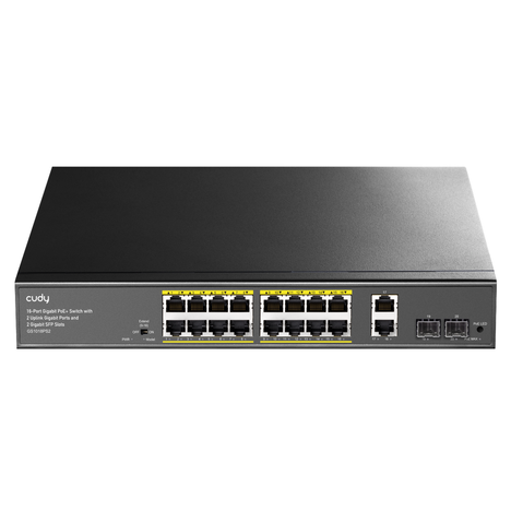 Коммутатор CUDY 16-Port Gigabit PoE+ Switch with 2 Uplink Gigabit Ports and 2 Gigabit SFP Slots 200W 16-10/100/1000 BASE-T Gigabit ports, 2-Port 10/100/1000 BASE-T Gigabit Uplink ports, 2-1000 BASE-X SFP Slot, 16-port IEEE 802.3at PoE+ Injector, 200 watts total Power budget, Supports PoE power up to 30W for each PoE port, Extend Mode (Transmit distance up