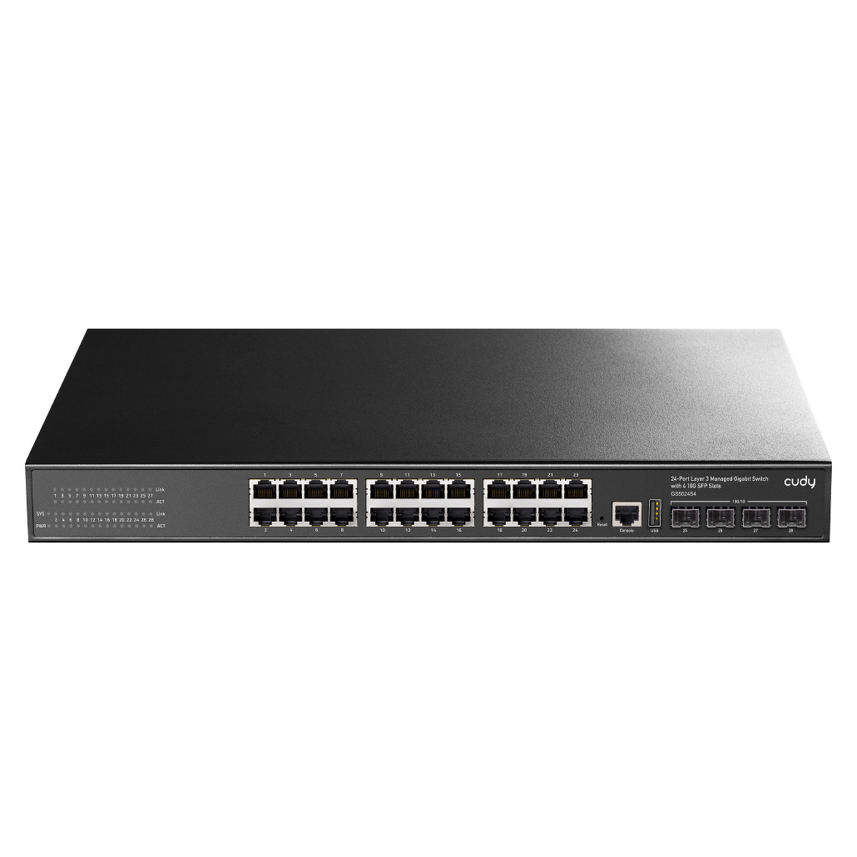 Коммутатор CUDY  GS5024S4  24-Port Layer 3 Managed Gigabit Switch with 4 10G SFP Slots 24-Port Layer 3 Managed Gigabit Switch,24 Gigabit Ethernet ports + 4 10 Gigabit uplink SFP optical ports + 1 USB serial port + 1 Console port, backplane bandwidth 128Gbps, Layer 3 network management function, support routing, DHCP, VLAN, MAC address, ACL a