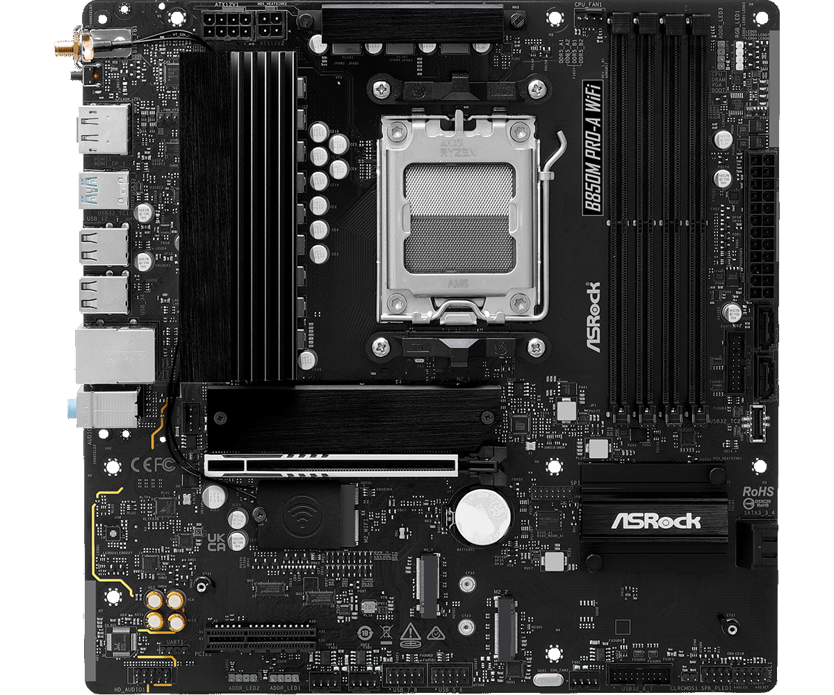 Материнская плата Asrock B850M PRO-A WIFI Socket AM5 AMD B850 4xDDR5 mATX AC`97 8ch(7.1) 2.5Gg RAID+HDMI+DP