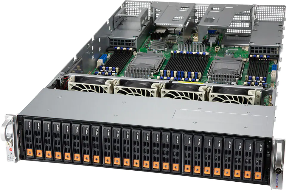 SYS-240P-TNRT 2U, 4x LGA4189 (Xeon H-Series only), 48x DDR4 3200 DIMM, 24x 2.5" NVMe/SAS3/SATA3 drive bays (8 tray included) , 4x PCI 3.0 x16 FHHL, 2x PCI 3.0 x8 FHHL, 2x 10G RJ45, 2x 10G SFP+ (X710), 2x M.2 SATA/NVME 22110, 2x 2000W (420148)