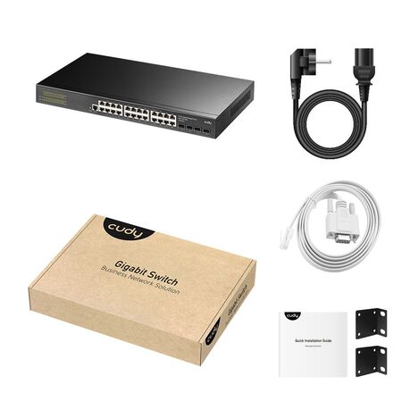 Коммутатор CUDY  GS2024S2  24-Port Layer 2 Managed Gigabit Switch with 4 Gigabit SFP Slots 24-Port Layer 2 Managed 10/100/1000M Switch, 24 Gigabit Ethernet ports + 4 Gigabit SFP ports + 1 management port, backplane bandwidth 56Gbps, Layer 2 network management function, support routing, DHCP, VLAN, MAC address, ACL access control, QOS, multicast,