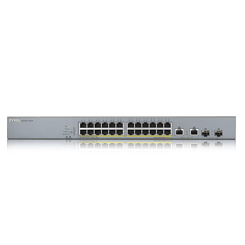 GS1350-26HP L2 коммутатор PoE+ для IP-видеокамер Zyxel GS1350-26HP, rack 19", 24xGE PoE+, 2xCombo (SFP/RJ-45), бюджет PoE 375 Вт, дальность передачи п