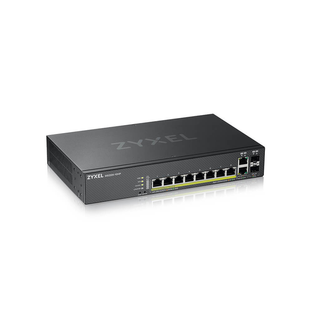 ZYXEL NebulaFlex Pro GS2220-10HP Hybrid L2 PoE+ Switch, 19 "rack, 8xGE PoE+, 2xCombo (SFP / RJ-45), 180W PoE Budget, Standalone / Cloud Management