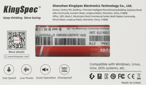 Внутренний твердотельный накопитель KINGSPEC XG7000 PCIe 4.0 x4, M.2 2280, NVMe 2 TB