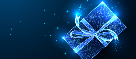 Изображение. Голографический подарок в виде светящейся коробки с бантом на цифровом фоне