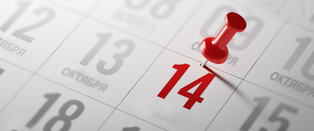 Изображение. Календарь с выделенной датой 14 октября, отмеченной красной кнопкой.